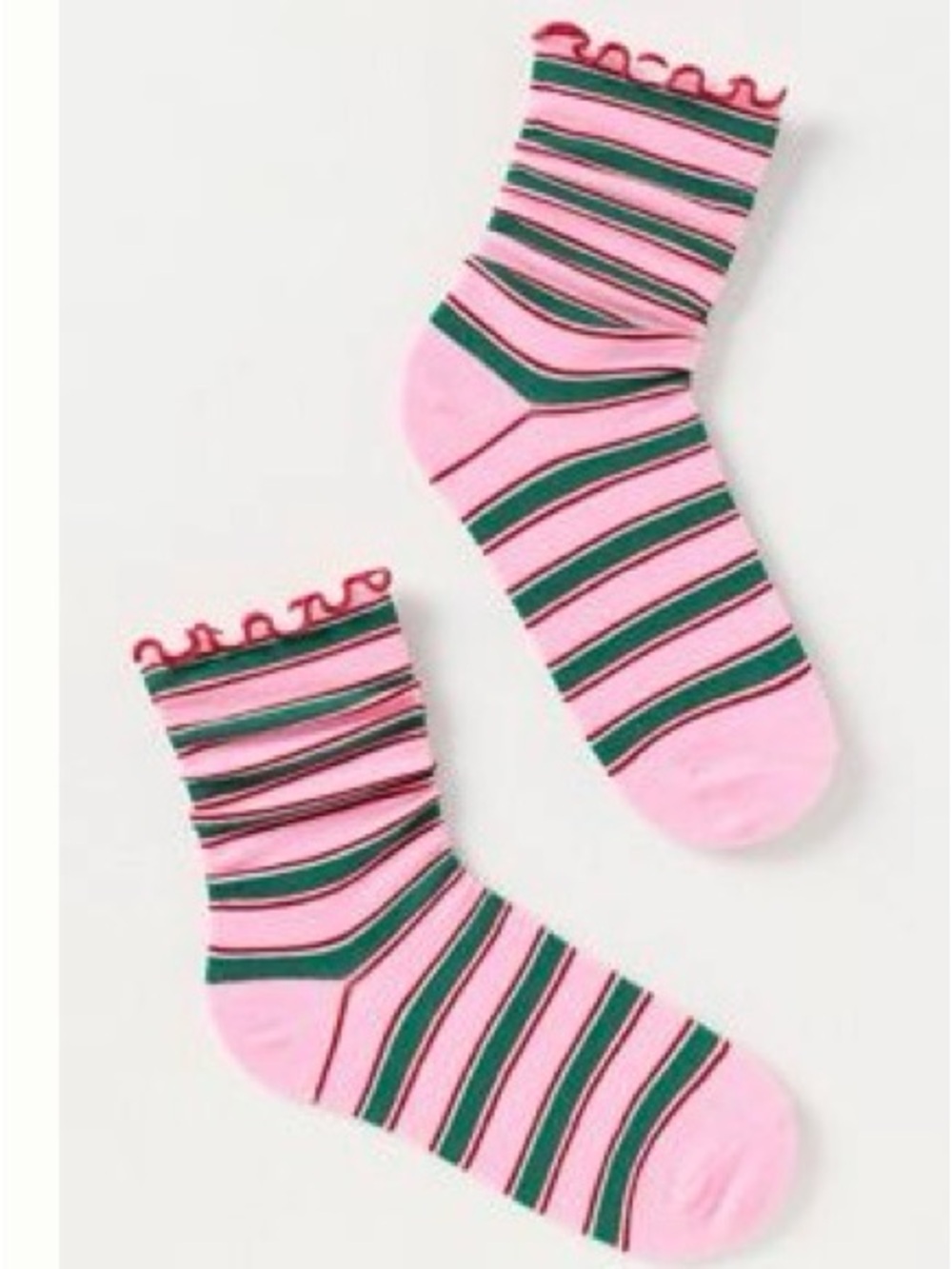 Anthropologie Women’s crew socks ruffle stripe pink and green nwt
